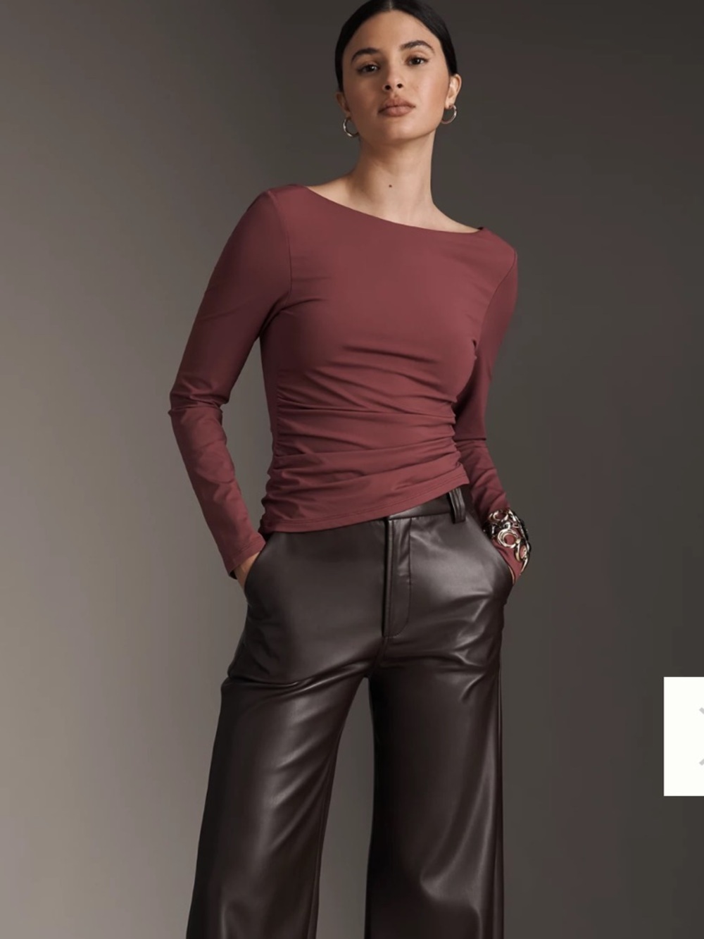 By Anthropologie Scooped-Back Long-Sleeve Top Soft Rose Taupe Medium - Picture 4 of 10